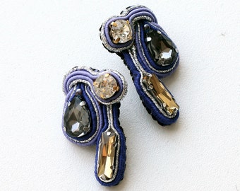 Blue Navy Earrings / Silver Soutache Earrings / Blue silver crystal studs / Midnight Blue Cluster Earrings / Sautache orecchini