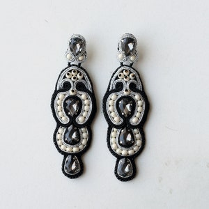 Black evening earrings with grey crystals, Luxurious lightweight long earrings made for elegant women image 5