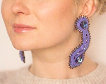 Lilac earrings crystal / Soutache long post earrings / Light violet jewellery / Stand out jewelry / Purple cocktail earrings for wife gift