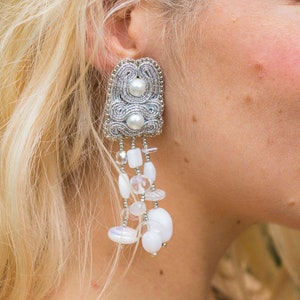 Soutache silver earrings ARGENTEO / Beaded long dangle earrings wedding / Silver color earrings handmade jewellery / Art earrings sotuache image 1