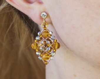 Orecchini da sposa di cristallo  ROMBO / Orecchini a clip Swarovski / Bridal golden clipon earrings / Lightweight non pierced bride earrings