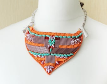 Native American necklace / Orange Necklace Statement / Bright tribal jewelry / Aboriginal Jewellery Gifts / Embroidered beaded jewelry