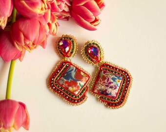 Arabic style red earrings FLAMME / Golden oriental long soutache earrings with silk / Exotic fashion jewelry for anniversary