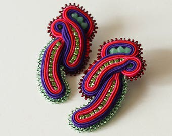 Farbblock Ohrringe / Grün Rosa Schmuck / Dramatische Ohrringe / Lange Kristall Ohrringe / Heller Fuchsia Schmuck / Soutache Ohrringe