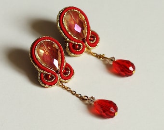 Red dangle earrings / Gold tone soutache earrings / Drop earrings gold&red / Long crystal drops / Bridesmaid Jewelry Studs / Dangle Studs