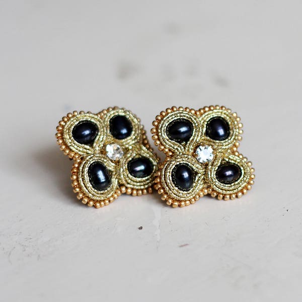 Wedding Studs Elegant Jewelry / Black pearl gold earrings / Gold soutache stud earrings / Decadent Unique Jewelry / Wedding Anniversary Gift