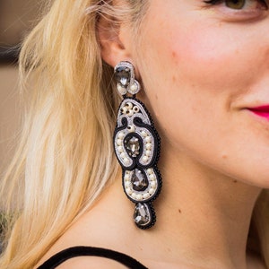 Black evening earrings with grey crystals, Luxurious lightweight long earrings made for elegant women image 1