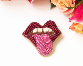 Tongue pin brooch / Red lips showing tongue / Stones tongue brooch / Contemporary handmade gifts unisex