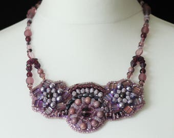 Purple bib necklace / Embroidered statement necklace / Czech bead necklace / Lilac Necklace Statement Jewelry / 2nd Anniversary gift