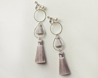 Boho tassel earrings BRISK / Clip on double tassel bridesmaid earrings / Silver trendy cruise earrings / Beach resort earring teal jewelry