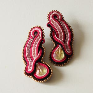 Hot pink earrings soutache / Crystal beach party earrings / Handmade stud long earrings / Unique fuchsia earrings / Large ohrringe soutache image 4