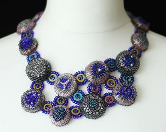 Blue statement necklace / Geoemtric unique necklace / Luxury artisan necklace / Formal occasion jewelry collar necklace / Bead work collier