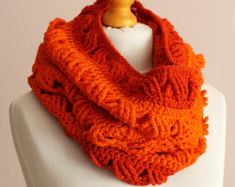 Crochet neck warmer / Orange crochet chunky cowl / Fall color cowl scarf / Red loop eternity scarf / Wool infinity cowl / Bulky circle scarf