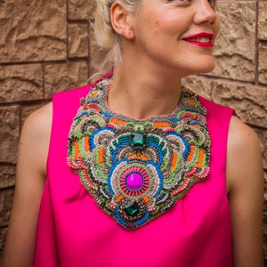 Designer oversized haute couture necklace DECADENTE / Bead embroidered bib necklace wityh silk ribbon image 1