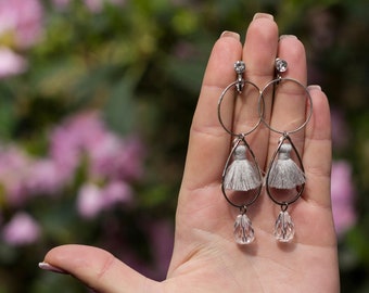 Crystal drop long tassel earrings CADERE / Lightweight clip on earrings with small gray tassel / Silver dangle drop earrings resort jewelry