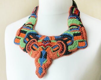 Colorful African Necklace / Multicolored Tribal Bib Necklace / Aboriginal Collar Necklace / Neon Ethnic Jewelry Choker / Wedding Beaded Gift