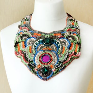 Designer oversized haute couture necklace DECADENTE / Bead embroidered bib necklace wityh silk ribbon image 3