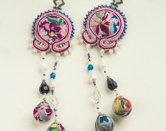 Silk earrings soutache PELOTA / Silver beaded statement dangle earrings / White purple blue slow fashion jewelry with crystals