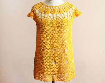 Plus size blouse / Sunny yellow plus size tunic / Lace XXL crochet top / Summer maternity clothes pregnancy / Large size cotton sweaters