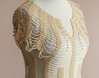 Beige lace blouse / Beaded crochet top / Summer cotton knitwear / Resort wear beach shirt / Cotton see through top with beaded collar detail