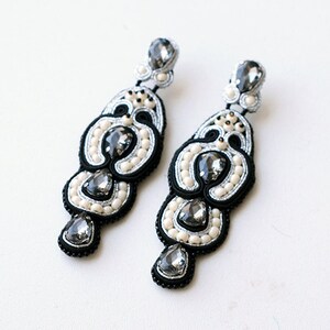 Black evening earrings with grey crystals, Luxurious lightweight long earrings made for elegant women image 4