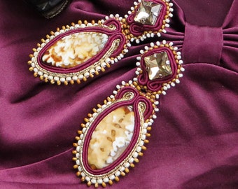 Ornate agate earrings / opulent gemstone earrings / Dangle clip ons / Unique earrings soutache / Mexican Style Accessories for women