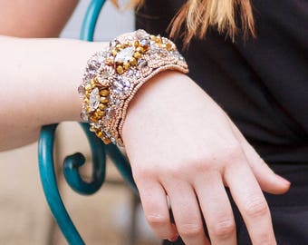 Embroidered statement cuff / Gold bead embroidery bracelet / handcrafted crystal cuff / Elegant Anniversary Gift / Chic marriage gift