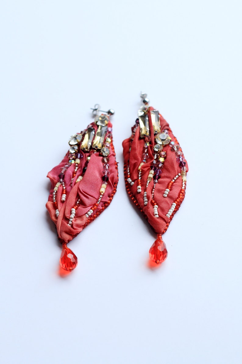 Crystal earrings embroidered / Dangle chandelier earrings / Shibori silk jewelry bridal accessories / Lightweight earrings sensitive ears image 1