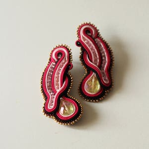 Hot pink earrings soutache / Crystal beach party earrings / Handmade stud long earrings / Unique fuchsia earrings / Large ohrringe soutache image 6