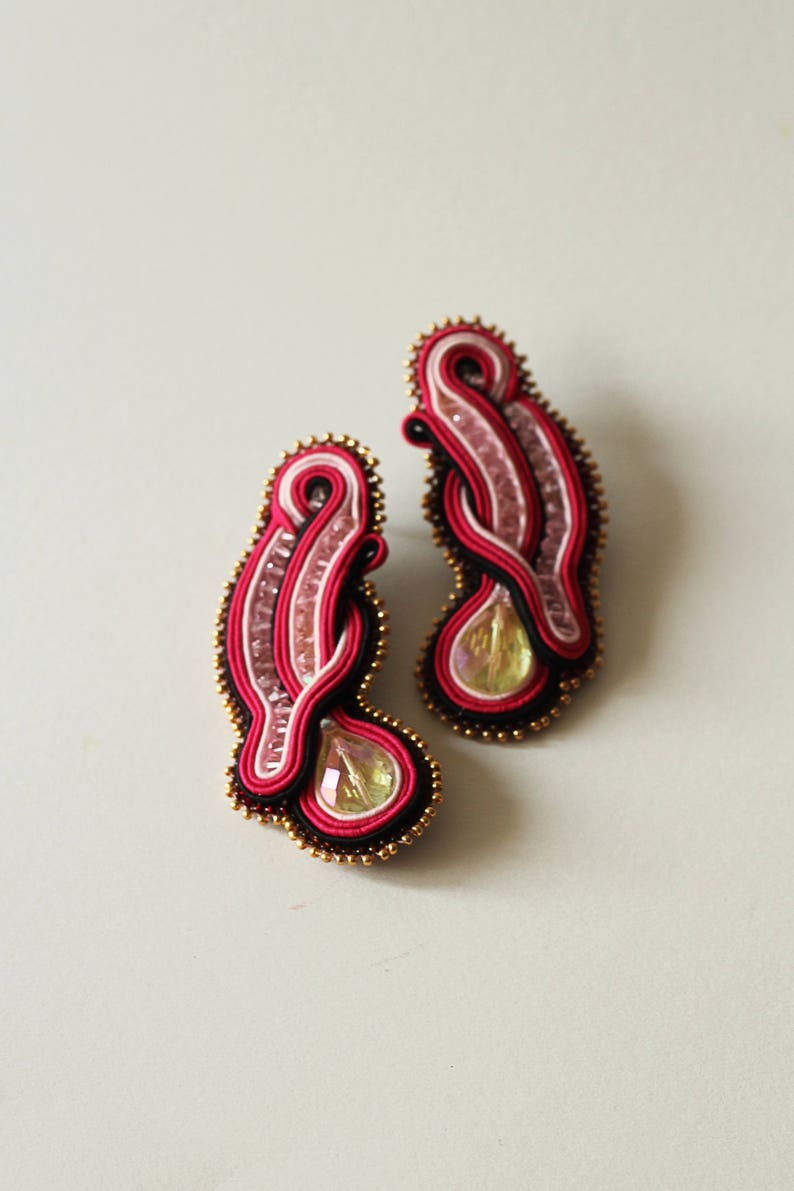 Hot pink earrings soutache / Crystal beach party earrings / Handmade stud long earrings / Unique fuchsia earrings / Large ohrringe soutache image 6