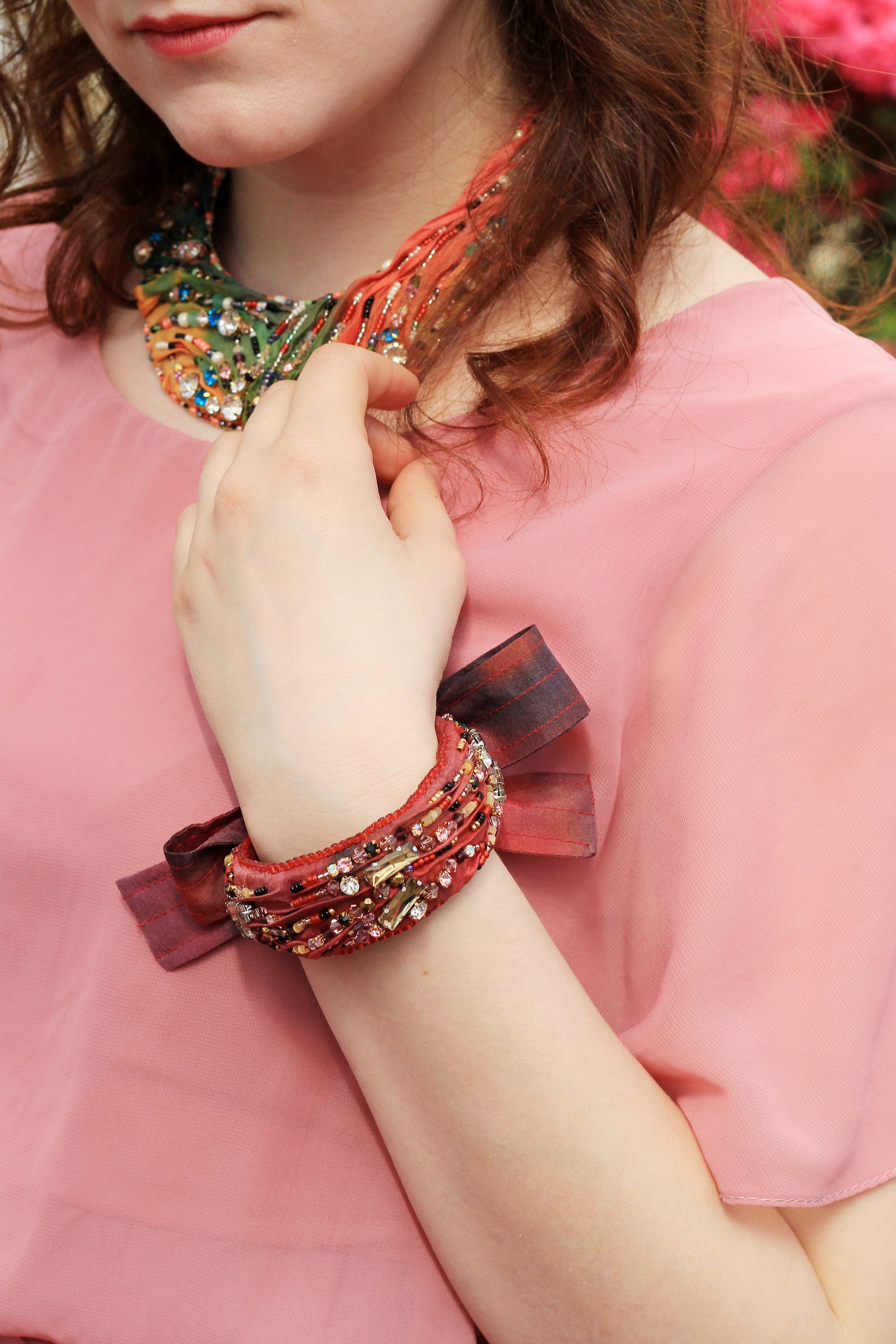 Red Silk Bracelet / Crystal Embroidered Silk Bracelet / Stand Out Custom Artisan Jewelry / Cuff