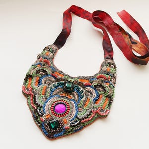 Designer oversized haute couture necklace DECADENTE / Bead embroidered bib necklace wityh silk ribbon image 6