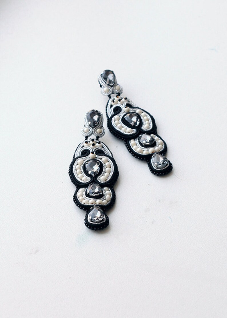 Black evening earrings with grey crystals, Luxurious lightweight long earrings made for elegant women image 6