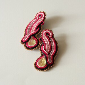 Hot pink earrings soutache / Crystal beach party earrings / Handmade stud long earrings / Unique fuchsia earrings / Large ohrringe soutache image 5