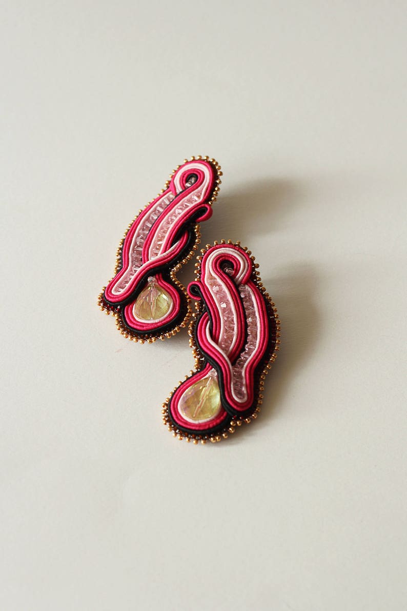 Hot pink earrings soutache / Crystal beach party earrings / Handmade stud long earrings / Unique fuchsia earrings / Large ohrringe soutache image 5