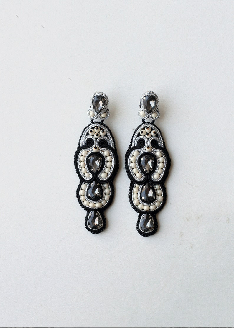 Black evening earrings with grey crystals, Luxurious lightweight long earrings made for elegant women image 5