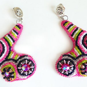 Colorful mod earrings with crystals, Retro jewelry gift for her, Boho dangle earrings with modern bead embroidery image 2