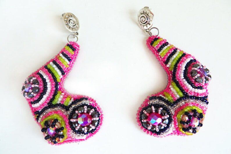 Colorful mod earrings with crystals, Retro jewelry gift for her, Boho dangle earrings with modern bead embroidery image 2