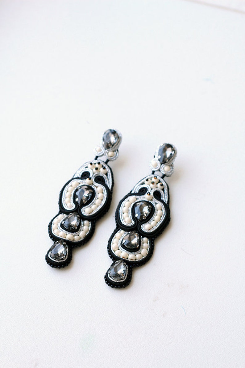 Black evening earrings with grey crystals, Luxurious lightweight long earrings made for elegant women image 4