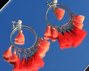 Coral hoop earrings CORALLO / Multi tassel earring clip on / Coral tassel jewelry clips / Large tassel hoops / Tribal festival earrings