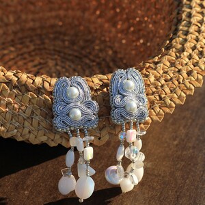 Soutache silver earrings ARGENTEO / Beaded long dangle earrings wedding / Silver color earrings handmade jewellery / Art earrings sotuache image 6