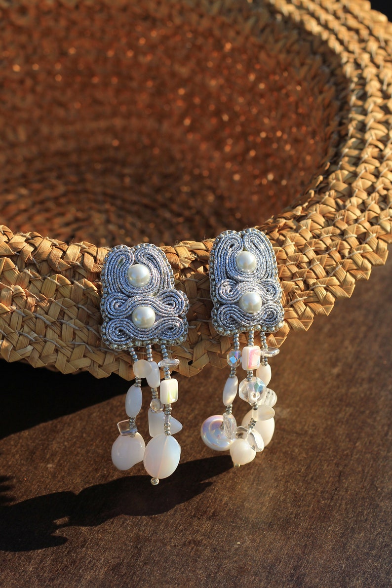 Soutache silver earrings ARGENTEO / Beaded long dangle earrings wedding / Silver color earrings handmade jewellery / Art earrings sotuache image 6