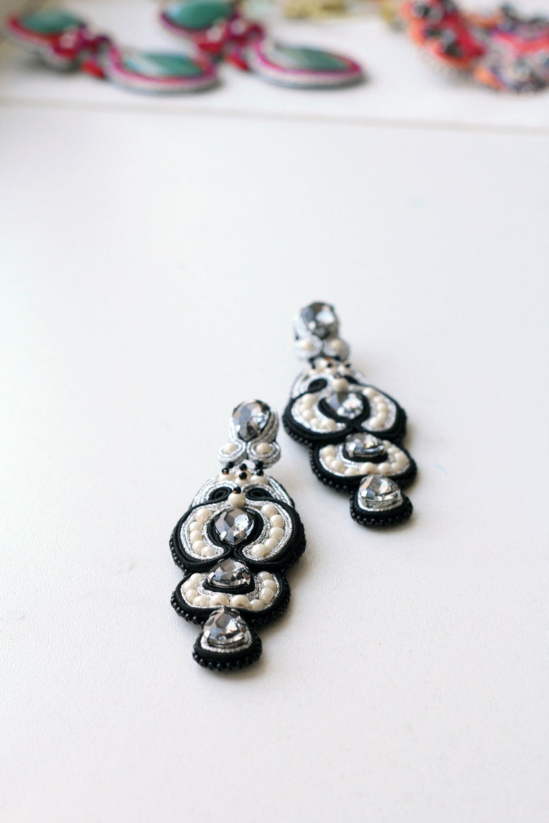 Black evening earrings with grey crystals, Luxurious lightweight long earrings made for elegant women image 8