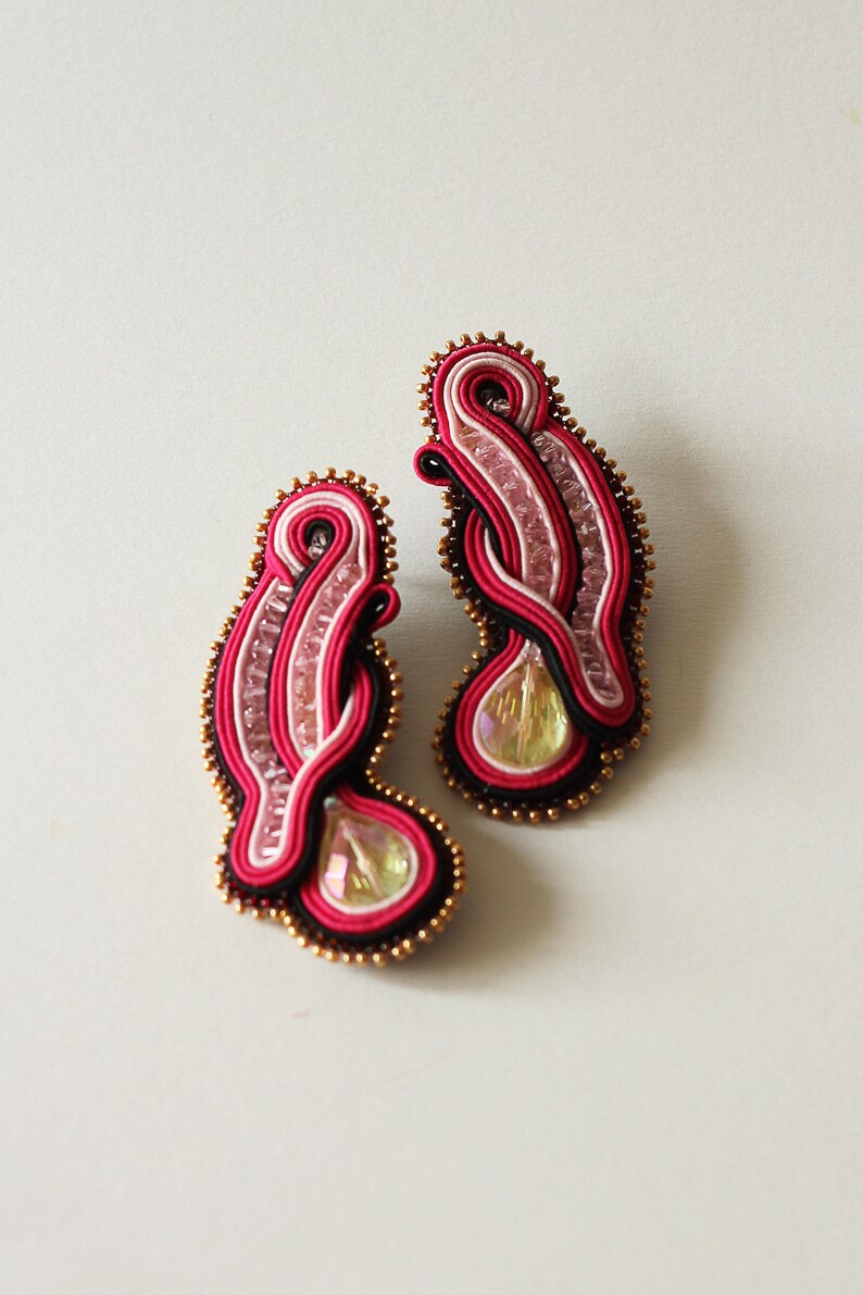 Hot pink earrings soutache / Crystal beach party earrings / Handmade stud long earrings / Unique fuchsia earrings / Large ohrringe soutache image 4