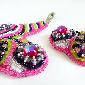 Colorful mod earrings with crystals, Retro jewelry gift for her, Boho dangle earrings with modern bead embroidery image 4