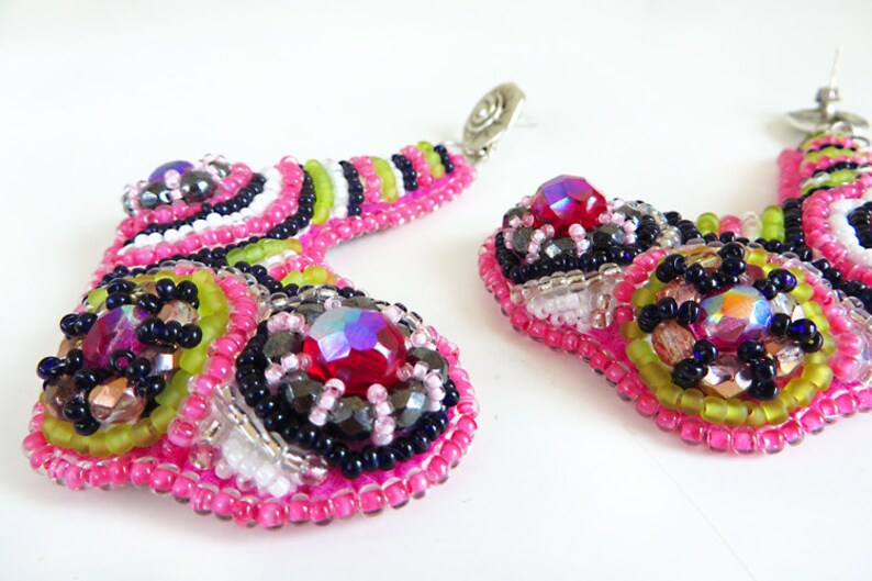 Colorful mod earrings with crystals, Retro jewelry gift for her, Boho dangle earrings with modern bead embroidery image 4