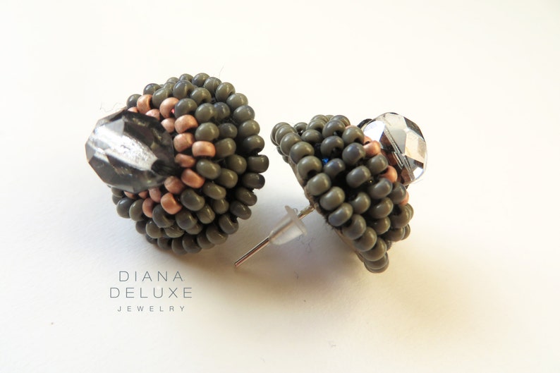 Beaded earrings stud with crystals Beadwork Jewellery Tiny Stud earrings women Neutrals Accessories Birthday Anniversary Bridesmaid