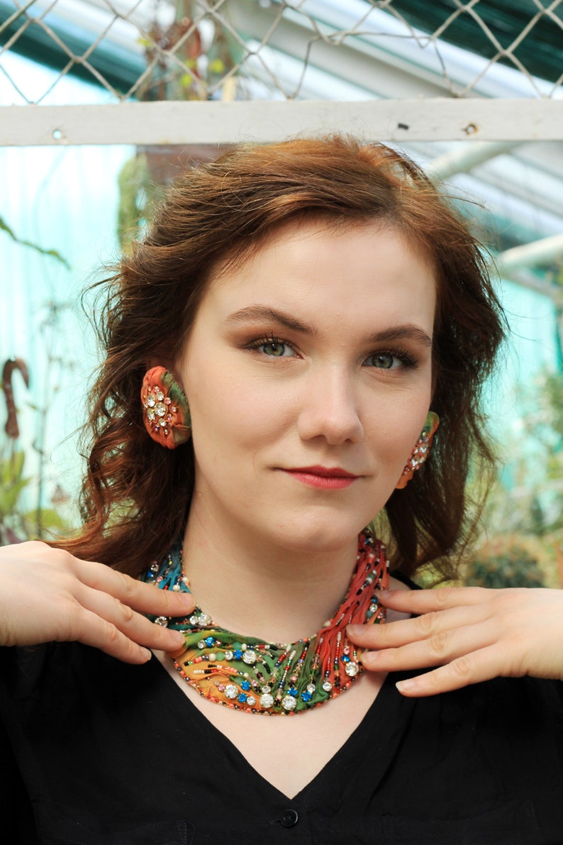 Silk Crystal Necklace PRATO / Embroidered Collar Necklace for Wedding