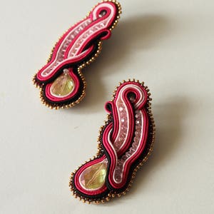 Hot pink earrings soutache / Crystal beach party earrings / Handmade stud long earrings / Unique fuchsia earrings / Large ohrringe soutache image 8