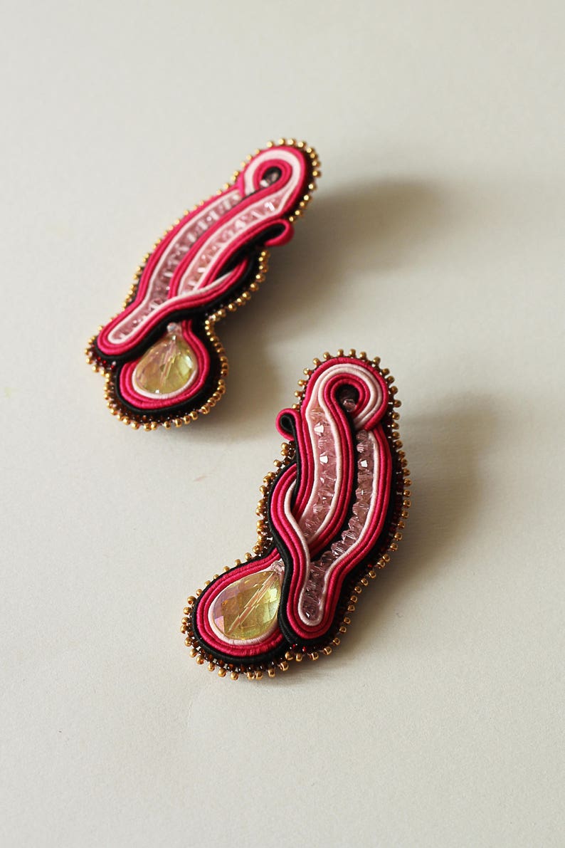 Hot pink earrings soutache / Crystal beach party earrings / Handmade stud long earrings / Unique fuchsia earrings / Large ohrringe soutache image 8